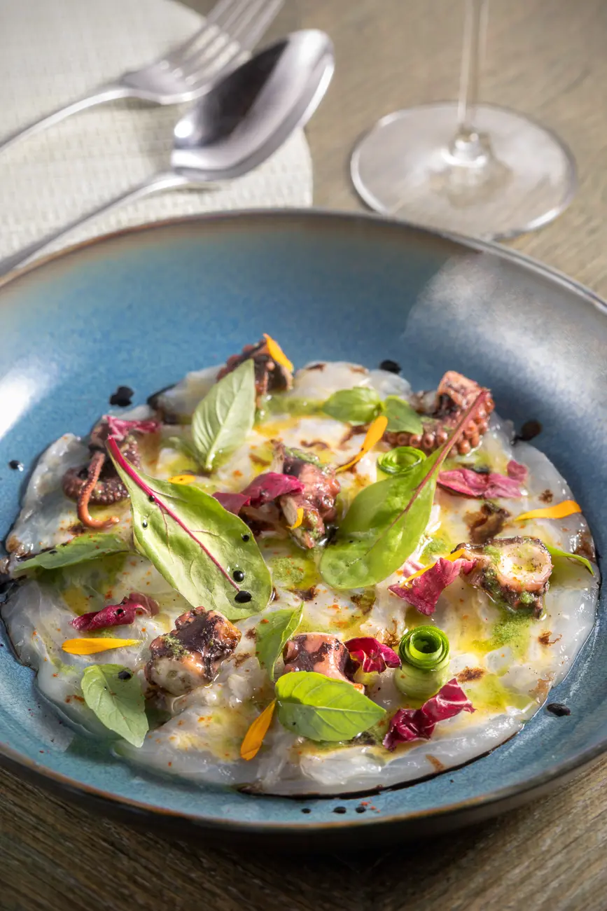 Ceviche de daurade et poulpe vinaigrette mangue-romarin, copeaux de légumes